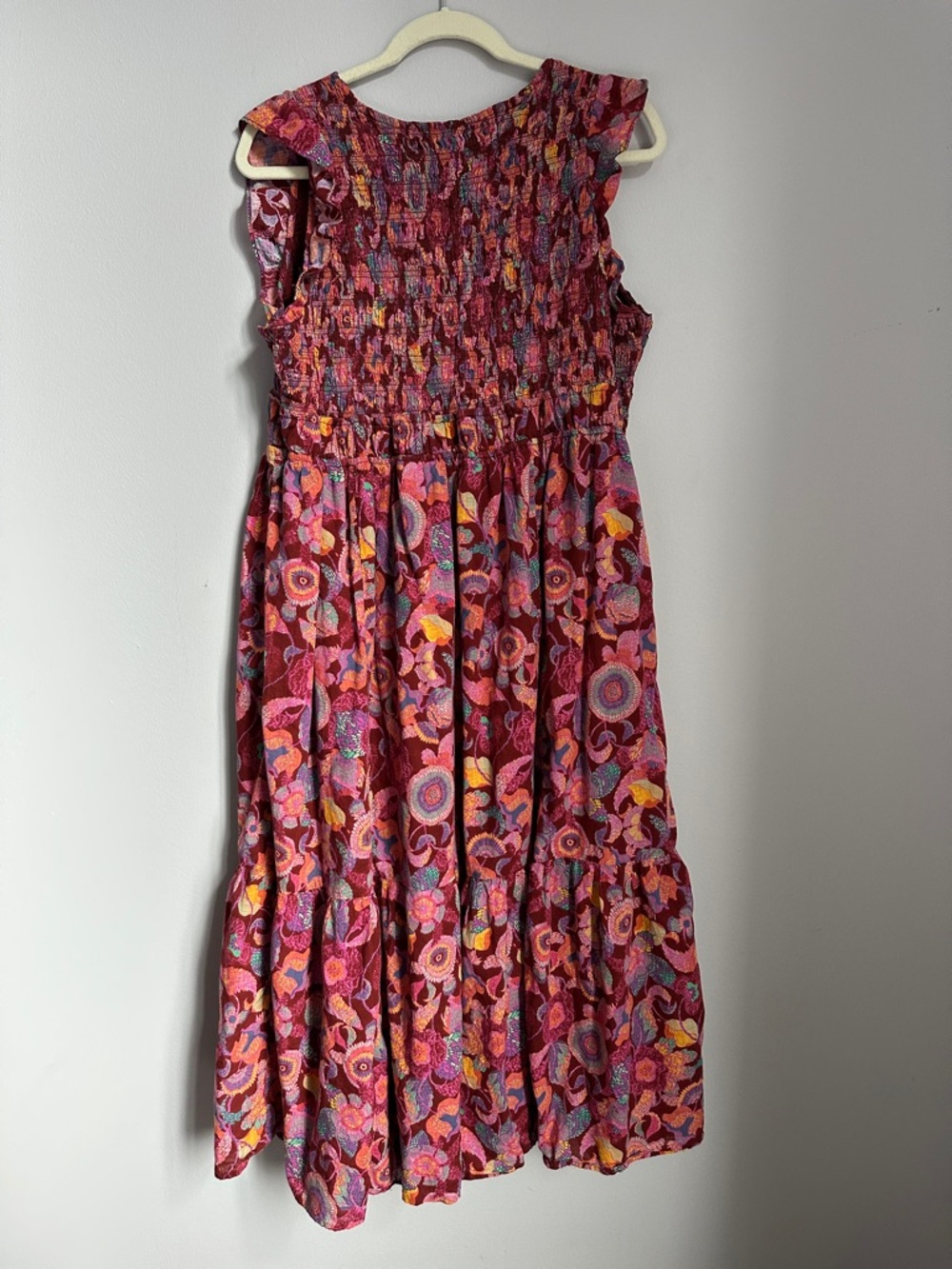 Anthropologie Peregrine Burgundy Floral Midi Dress with Ruffled Shoulders - Picture 8 of 11
